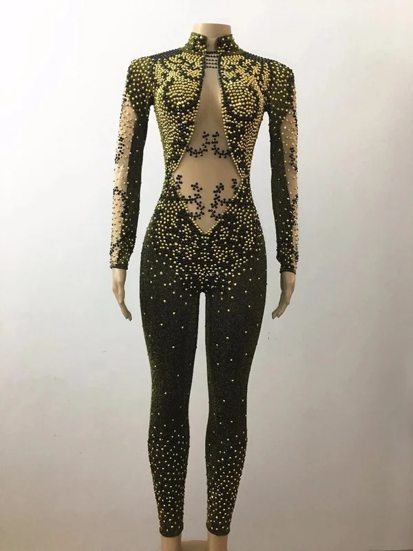 High Elastic Beading Hollow Out Print DJ DS Costume Dance Jumpsuit | Женская одежда
