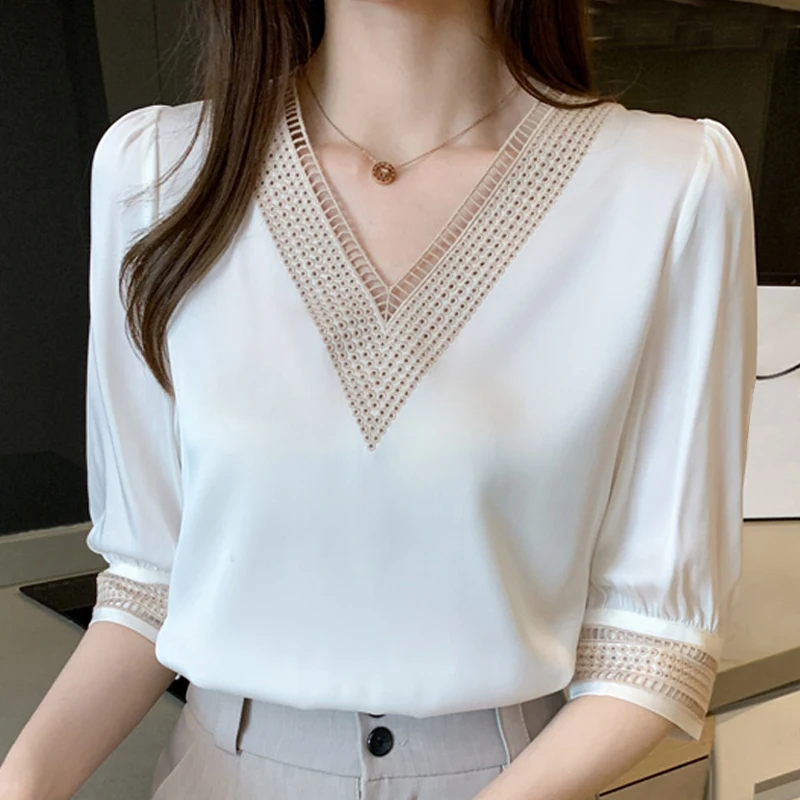 

Women Shirts Blouses Femme White Blouse Tops Women Blusas Mujer De Moda 2021 Verano V-Neck Chiffon Blouse Shirt Tops Blusas E608