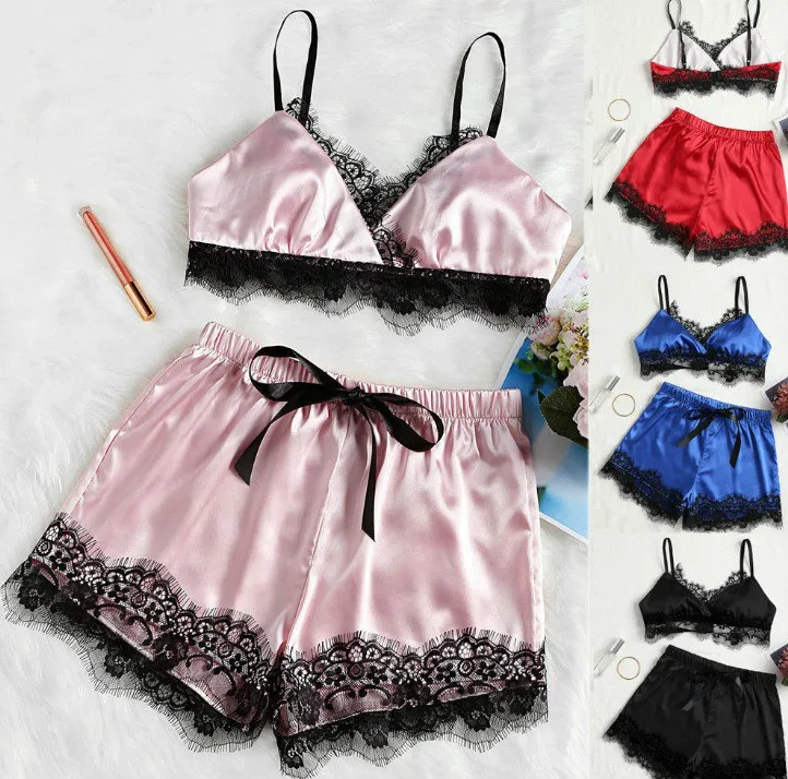 

Sexy Women Satin Lace Crop Top+Shorts Sleepwear Nightwear Pajamas Women Lingerie