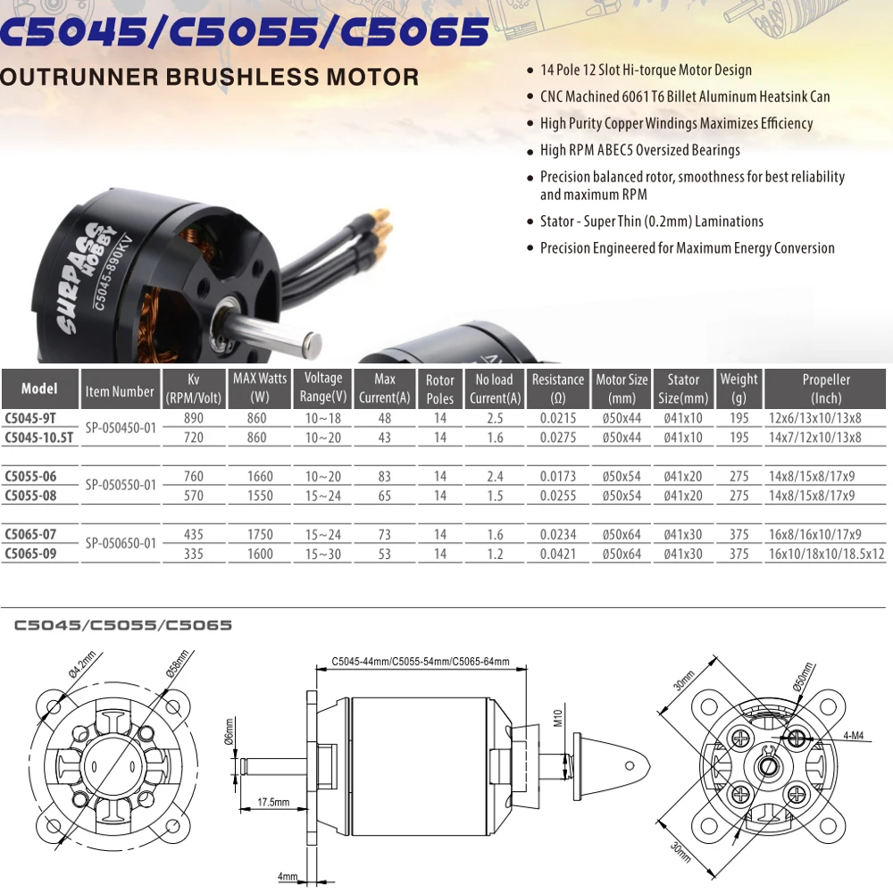 Surpass Hobby 4120(5055) бесщеточный мотор 14 полюс C5055 400KV 600KV 700KKV для Airpalne самолета