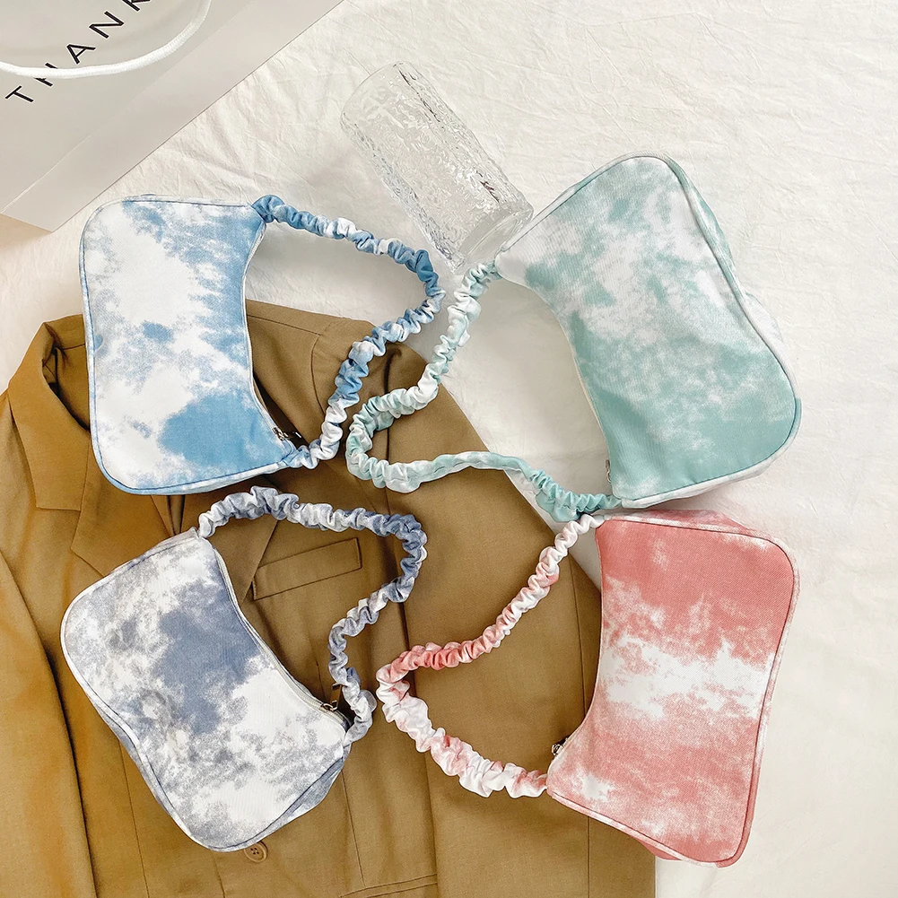 

Fashion Women's Bag Tie Dye Canvas Printing Small Shoulder Underarm Bags for Women New Casual Ladies Pleated Handle Handbags