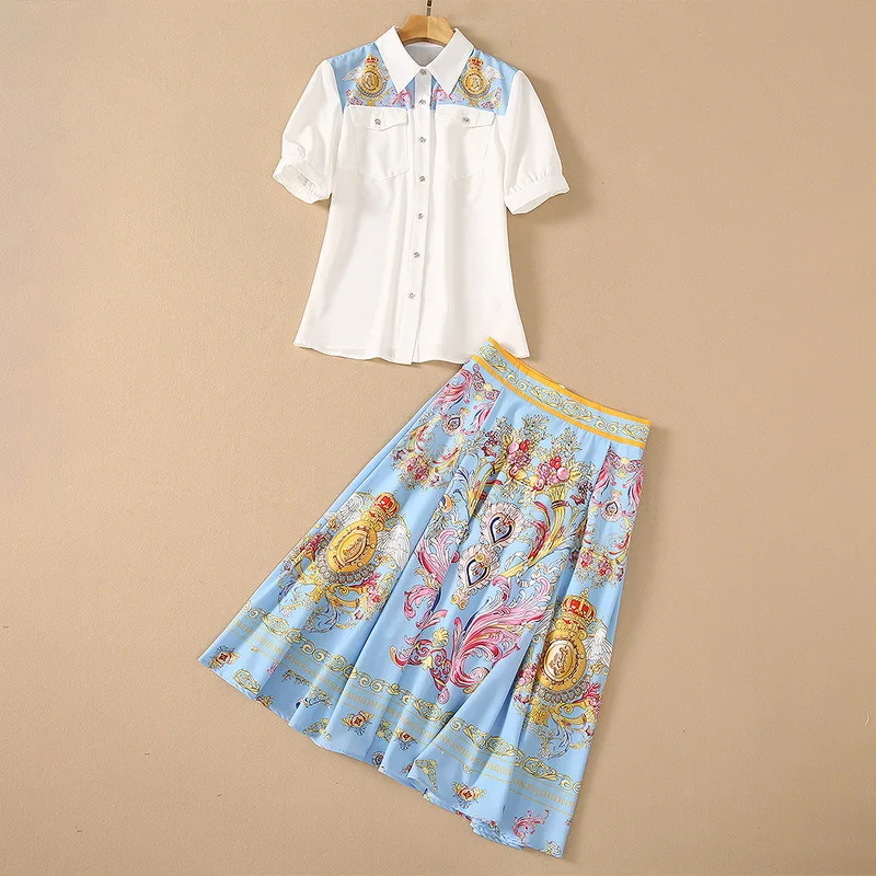 

Europe and the United States women's clothing New Summer 2021 Short sleeve shirt Palace print pleated skirt Fashion suits