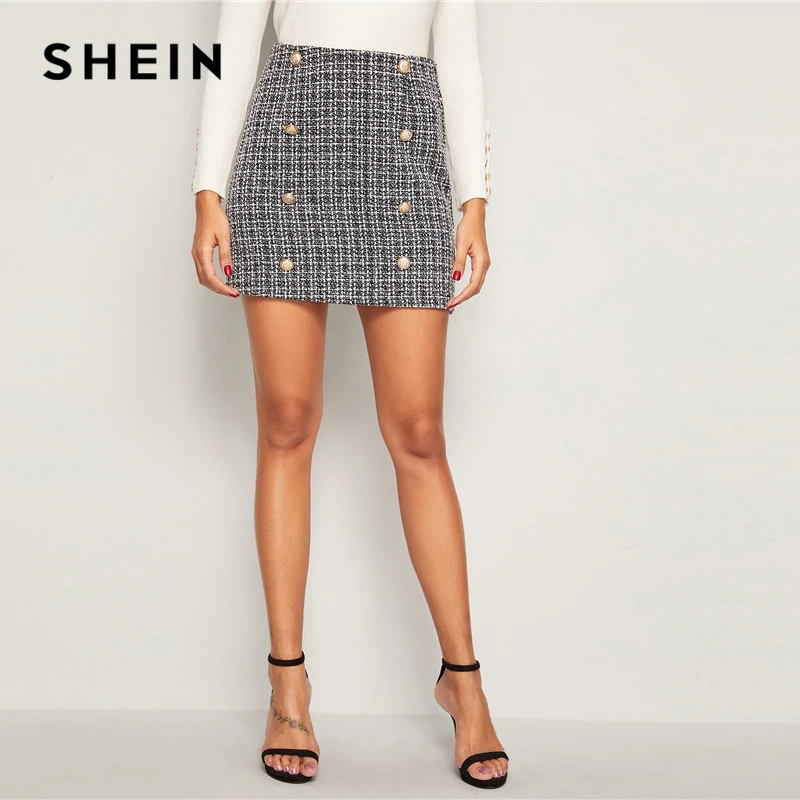 SHEIN черные и белые двубортные твидовые юбки женские осенне-зимние элегантные трапециевидные женские облегающие мини-юбки в клетку