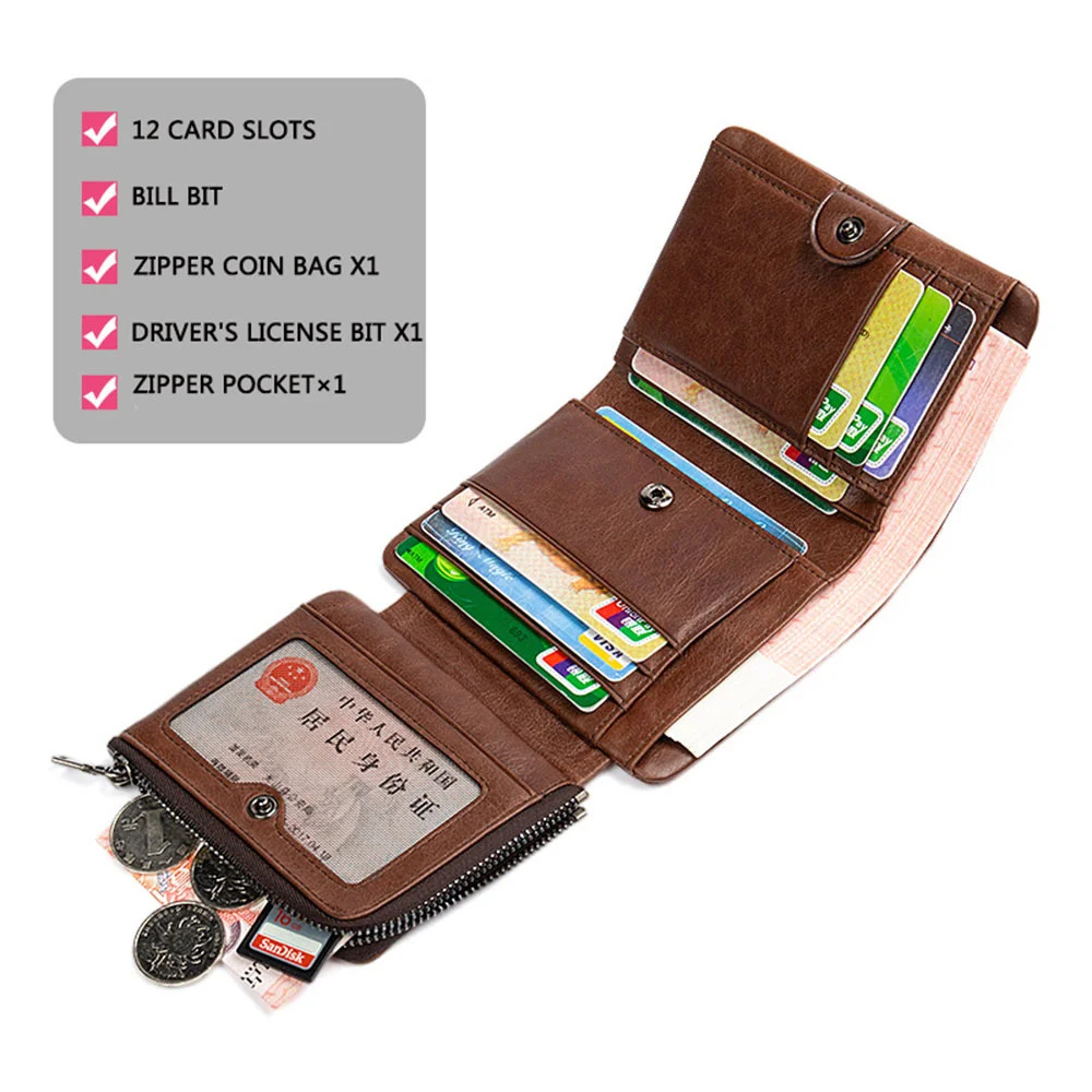 Мужской кожаный кошелек с RFID-защитой многофункциональный на двойной молнии в
