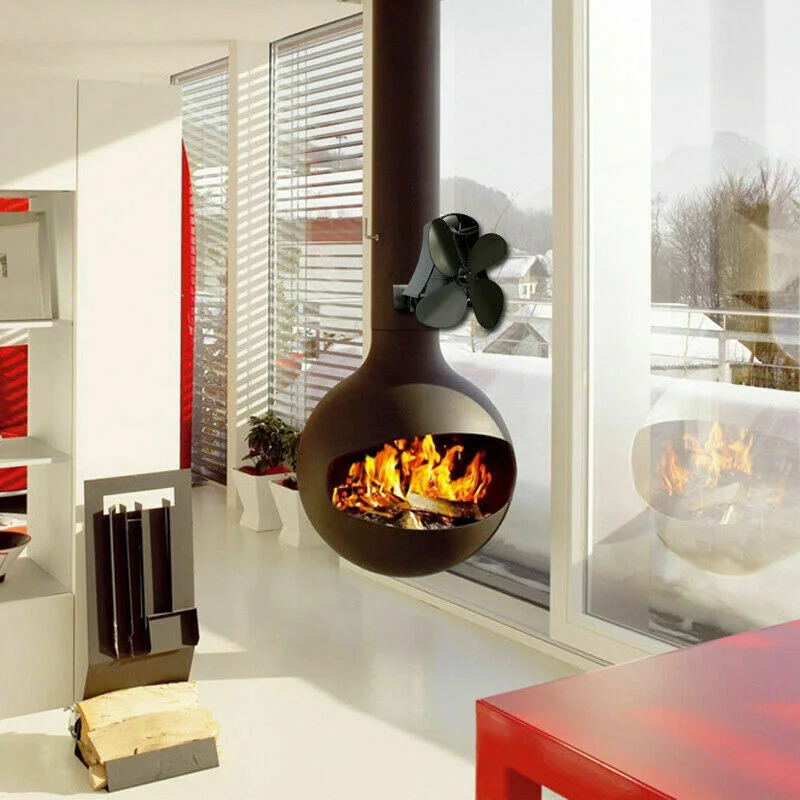 

Fireplace Stove Fan 4 Blades Flue Pipe Fan Black Heat Powered Wall-mounted Silent Household Heating Accessory Part