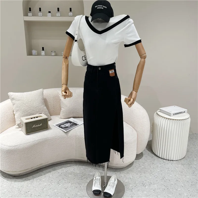 

New Women's Spring Summer 2021 High waist A-line Versatile split Mid length denim skirt