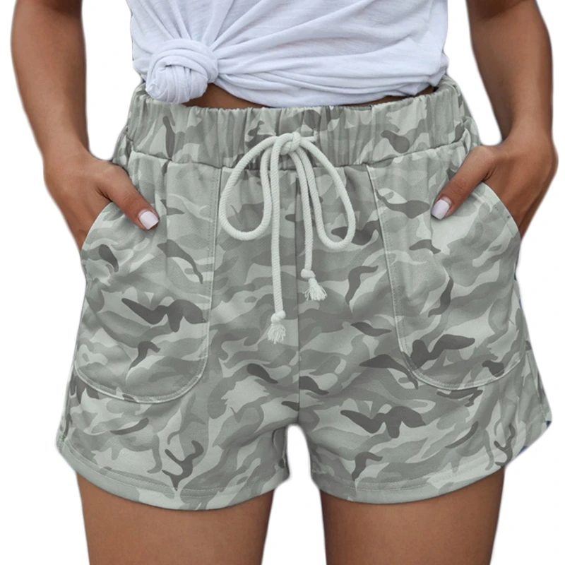 

Womens Summer Drawstring Elastic High Waist Shorts Vintage Camouflage Printed Casual Loose Pants Straight Trousers with 066C