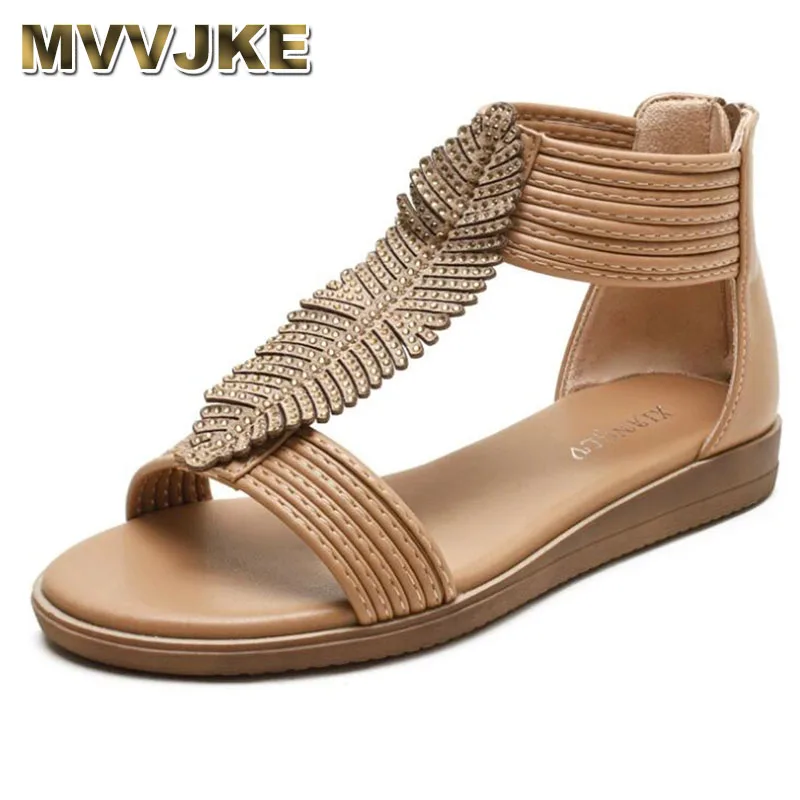 

MVVJKE 2021 summer flat shoes Women's sandals Rhinestone Bohemia gladiator rome sandalias ladies casual big size 41 42