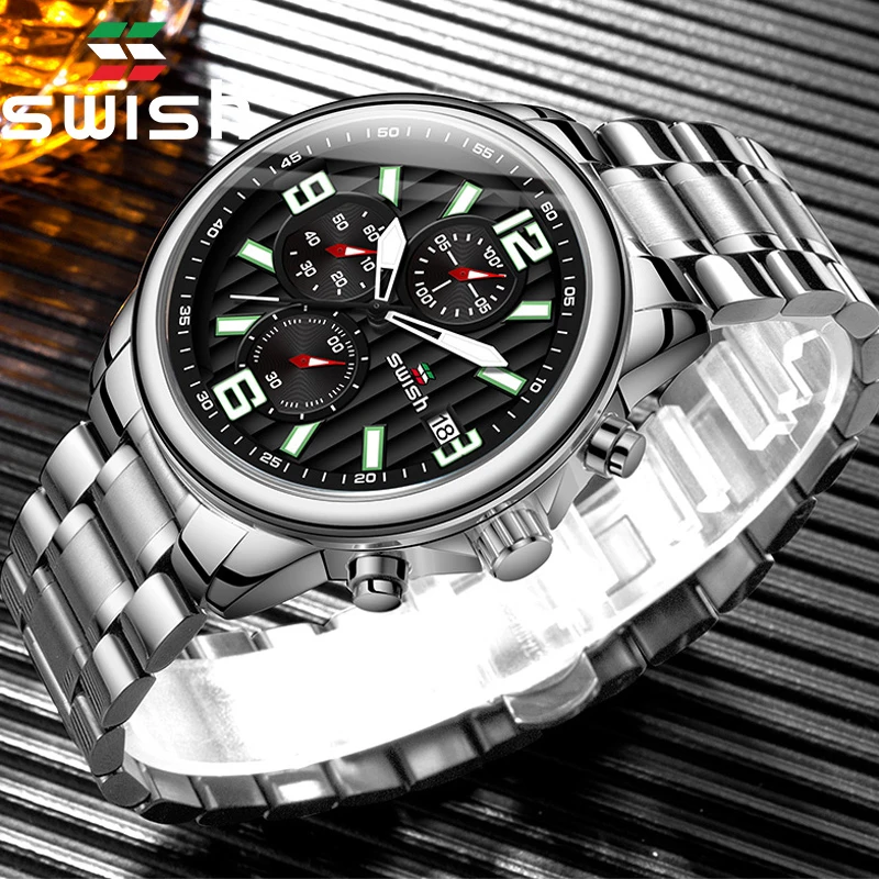 Часы мужские кварцевые с хронографом серебристые водостойкие | Наручные часы