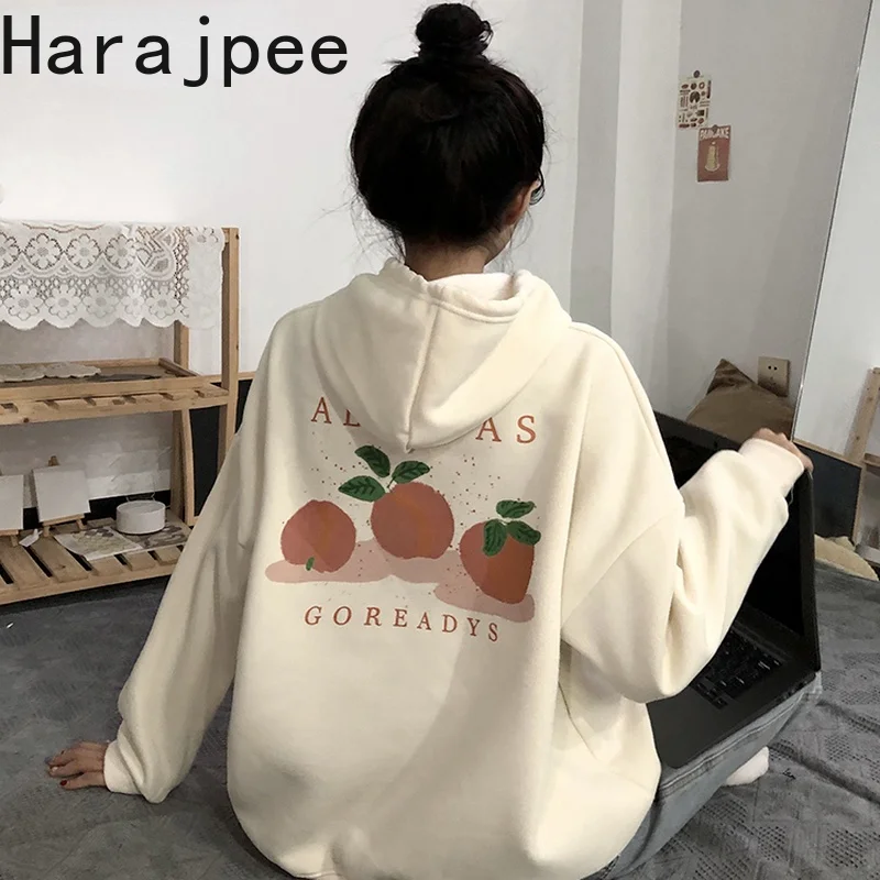 

Женский пуловер с капюшоном Harajpee в Корейском стиле, повседневный Свободный пуловер с длинными рукавами и персиковым принтом, новинка сезон...