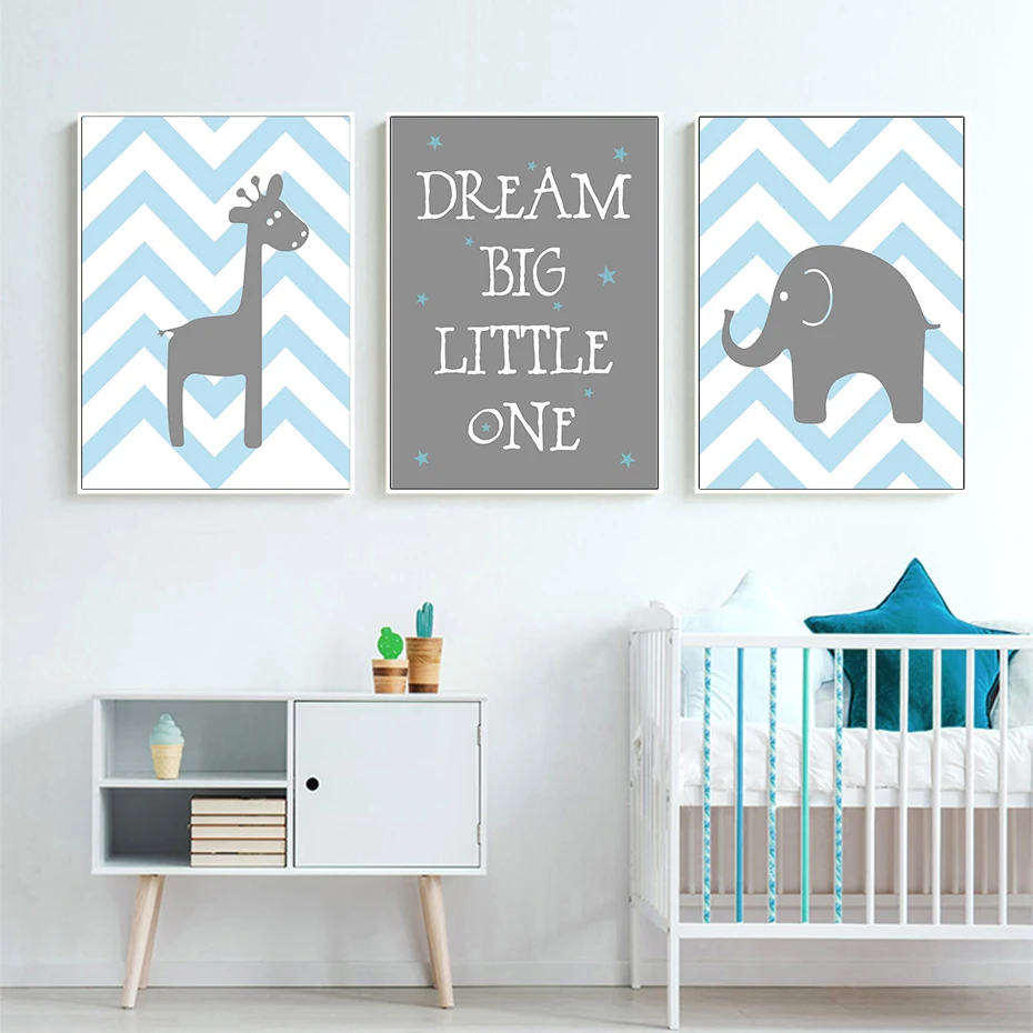 

Blue Dream Big Little One Love Giraffe Elephant Nursery Canvas Painting Wall Art Prints Posters Pictures Kids Room Home Decor