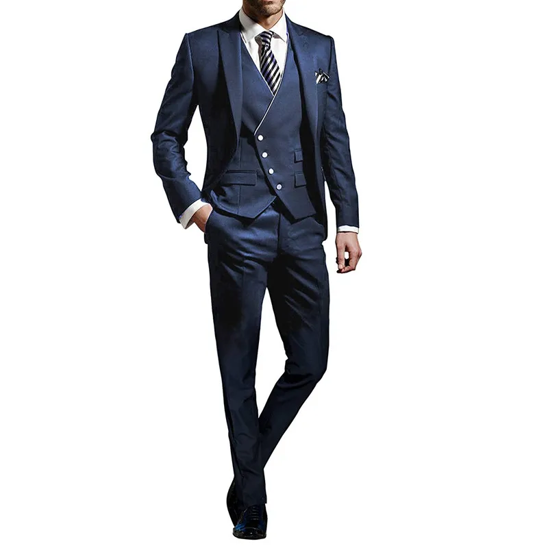 

3 Pieces Men Suits Notched Lable Navy Groomsuit Blazer One Button Formal Business Suits Tuxedo (( Blazer+vest+Pant)