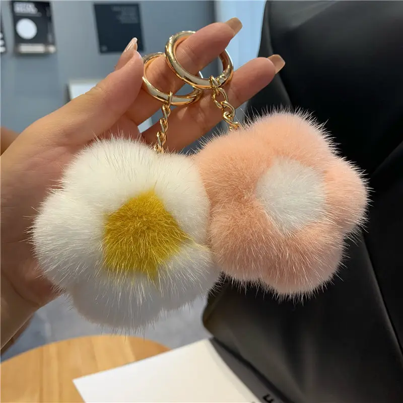 

Lovely Mink Hair Flower Car Key Chain Pendant Girl Heart Plush Ball Bag Pendant Birthday Gift