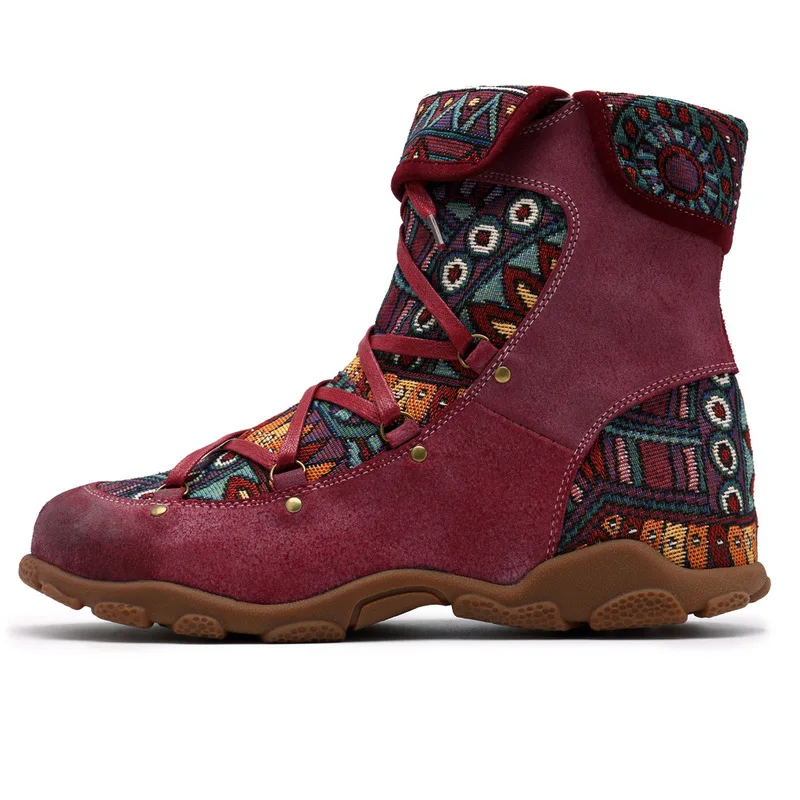 Retro Genuine Leather Printing Comfortable Embossed Pattern Splicing Folkways Craft Cloth Women Zipper Ankle Boots Women Shoes