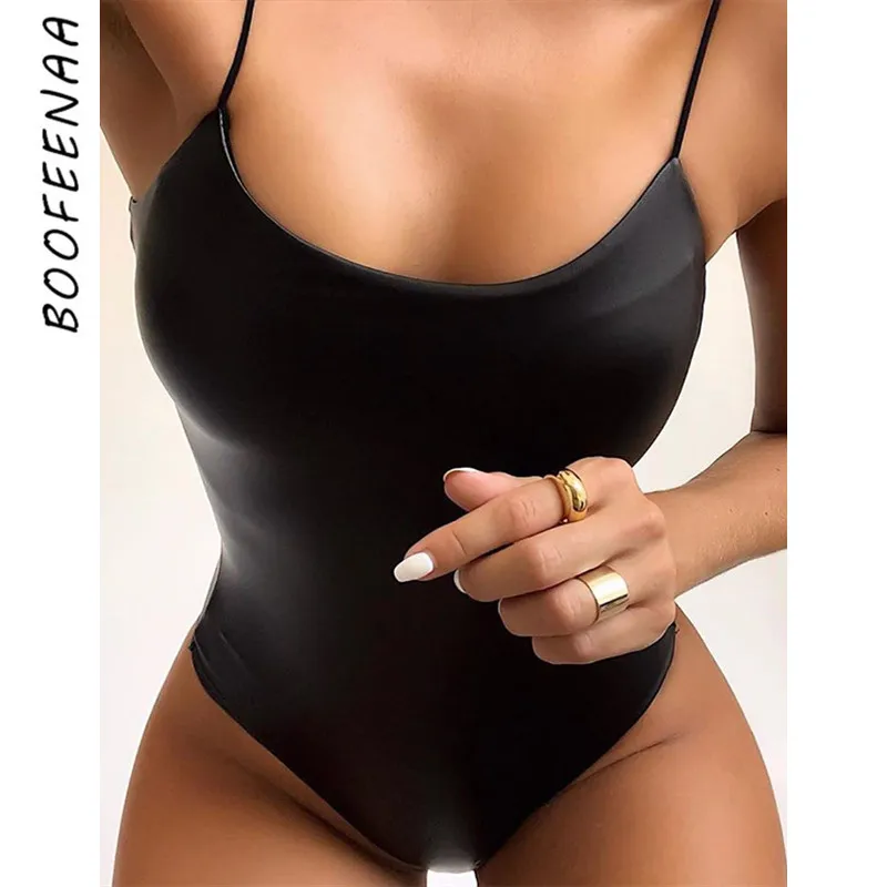 BOOFEENAA черное сексуальное боди из искусственной кожи с высокой эластичностью