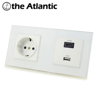atlectric eu standard plug wall power socket electrical outlet double socket hdmi hd usb tv port socket tempered glass panel