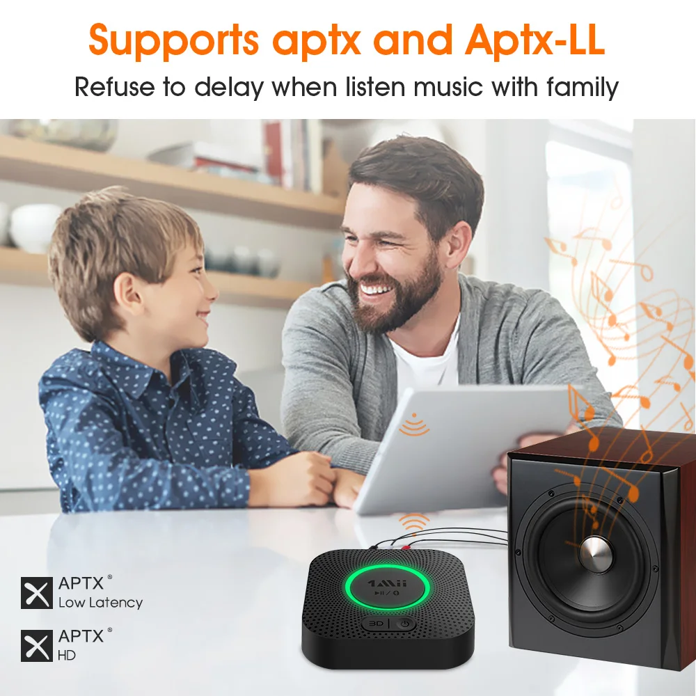 Bluetooth-аудиоприемник 1Mii aptX LL два канала RCA 3 5 мм AUX 3D музыка Диапазон действия 30 м
