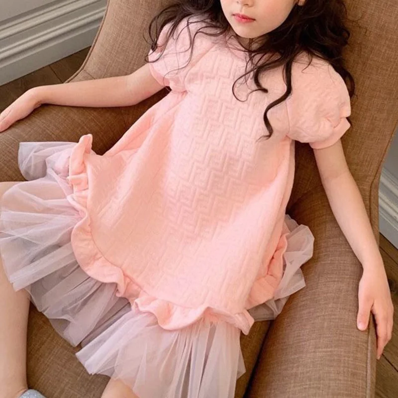 

Girls Princess Pink Dress Kids Spring And Autumn Sweet Short Sleeve Elegant Birthday Party Ball Gown Children's Sundress Clothes
