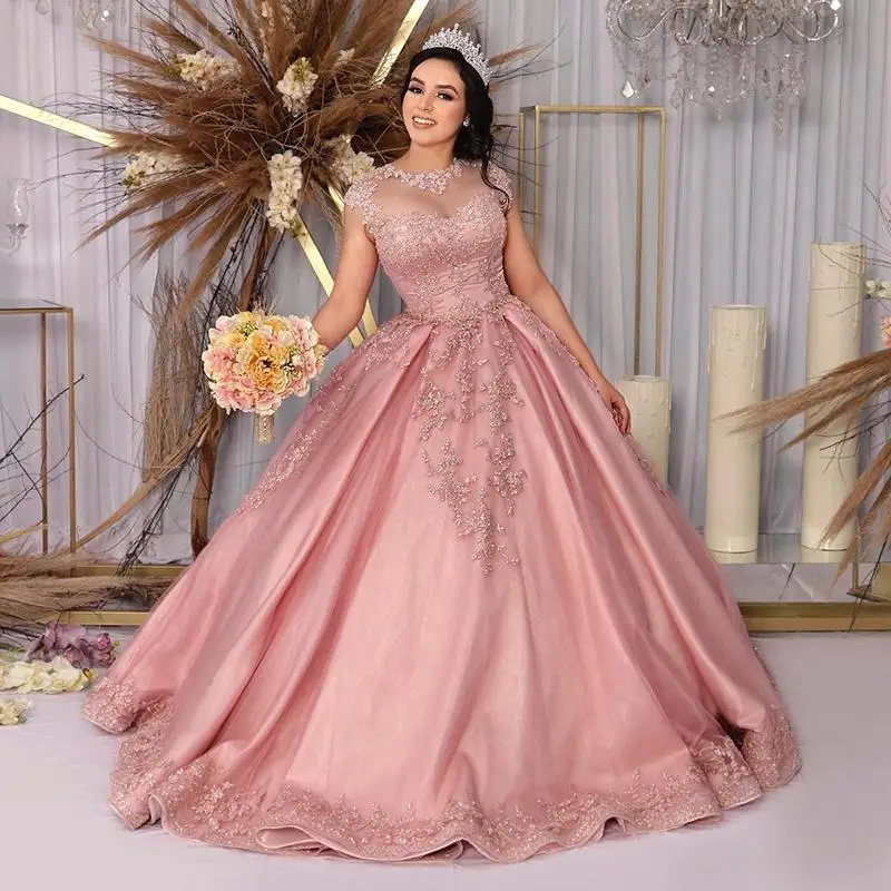 

Роскошное блестящее Розовое Бальное Платье принцессы большого размера, платья для Quinceanera, прозрачное милое платье с драгоценным вырезом, пл...