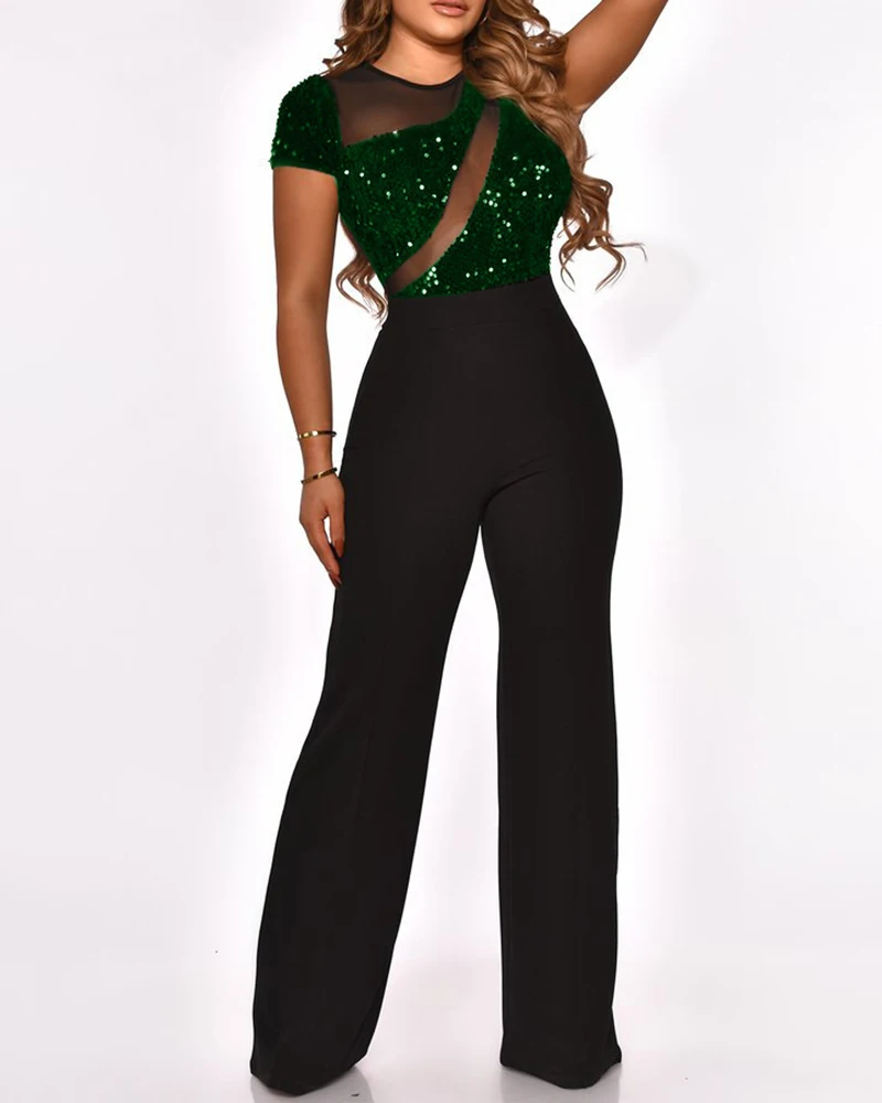 

Sheer Mesh Sequins Wide Leg Short Sleeve Jumpsuit Women Elegant Woman Jumpsuits Overalls for Women Women's Rompers