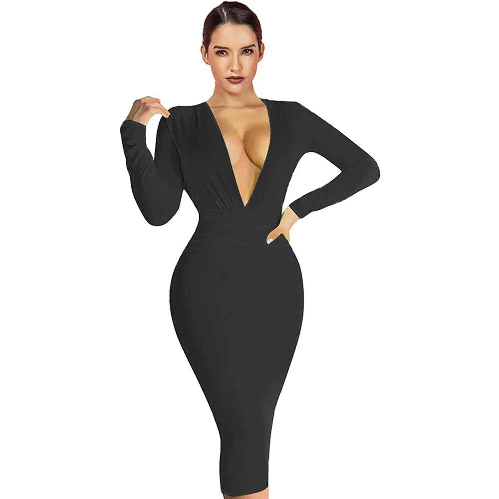 

Bandage Dress Sexy Deep V Neck Women's Black Bodycon Bandage Dress 2021 New Arrivals Long Sleeve Draped Night Club Party Dresses