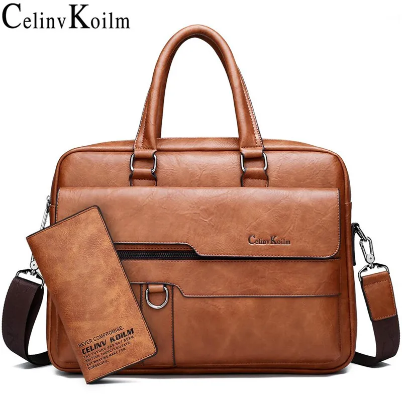 Celinv Koilm Men's Briefcase Bags High Quality Leather Men Business Crossbody Shoulder Travel Bag For 14' Laptop iPad A4 files