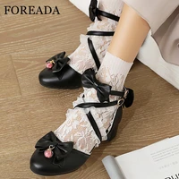 foreada lolita style bow shoes woman ankle strap med block heels pumps kawaii princess buckle round toe lady footwear spring 43