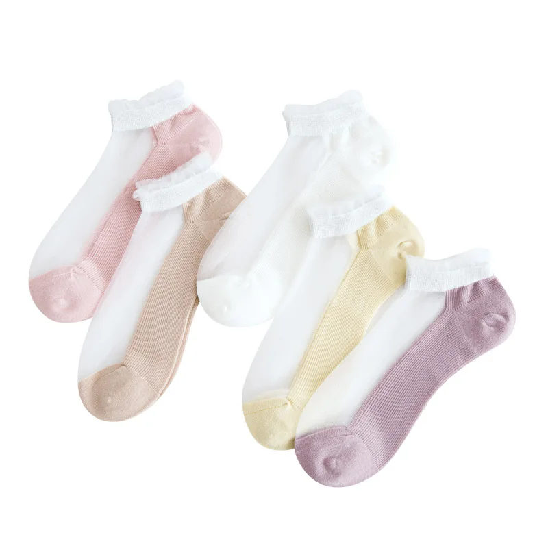 

5 Pair/Lot Women Summer Thin Fashion Cute Crystal Silk Glass Short Sock Lace Top Transparent Breathable Girl Boat Socks 5 Colors