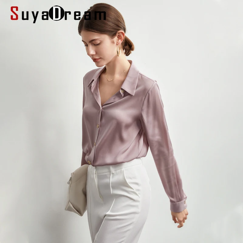 

SuyaDream Women Silk Shirt 92%Silk Satin Long Sleeves Turn Down Collar Solid Blouse Shirt 2021 Spring Autumn Office Chic Shirt