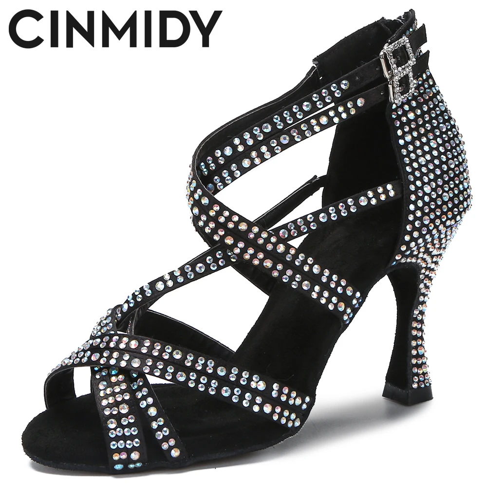 

CINMIDY Soft Sole Woman Latin Dance Shoes Rumba Samba Ballroom Party Ladies Sandals Shiny Rhinestone Wedding High Heels 5CM-10CM