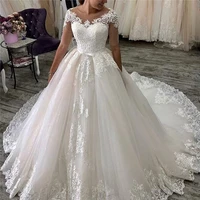 2021 ball gown wedding dresses lace appliques sheer o neck corset back bridal gowns bride dress vestido de noiva robe de mariee