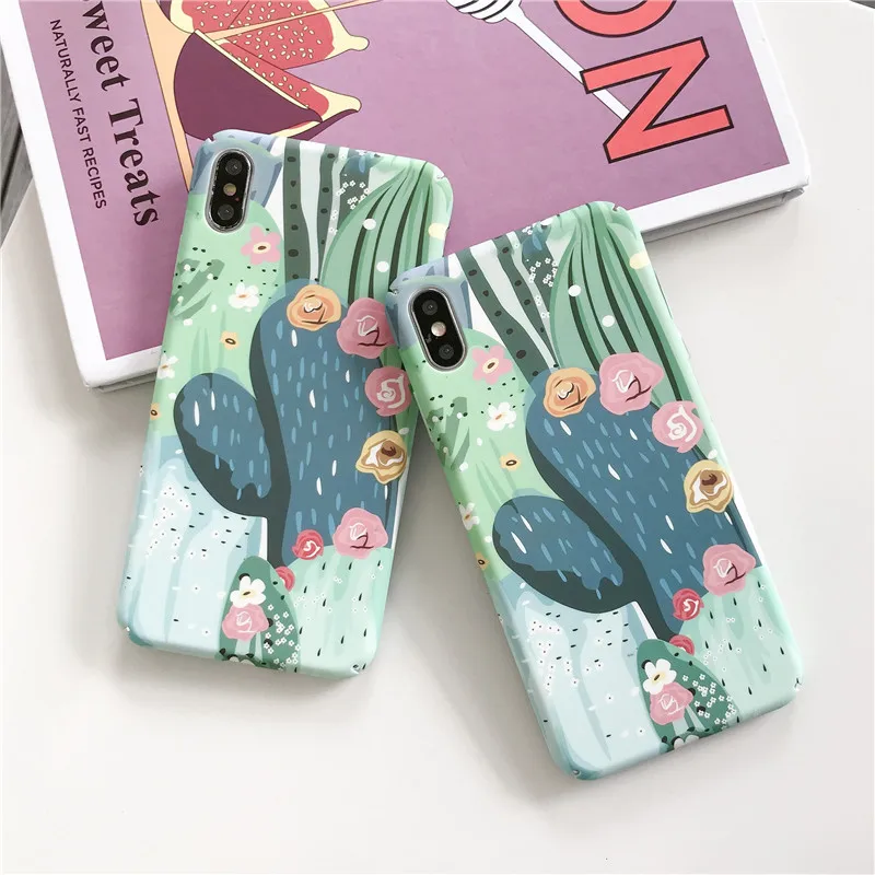 Hard PC Phone Case For iPhnoe 7 8 6 6s Plus Cactus Flower Leaf Cover For iPhone X XS Max XR Candy Color Full Cover Capa