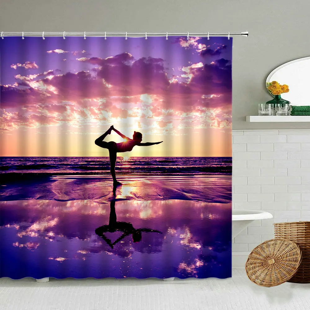 

Beauty Seaside Beach Yoga Shower Curtain Girl Fitness Action Silhouette Bathroom Waterproof Polyester Curtains Home Decoration