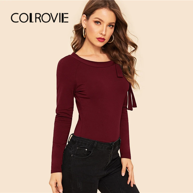 COLROVIE, Бордовый топ с завязками на шее, рукав реглан, для женщин, облегающие, одноцветные, элегантные футболки, осень, уличная одежда, базовые эластичные повседневные топы