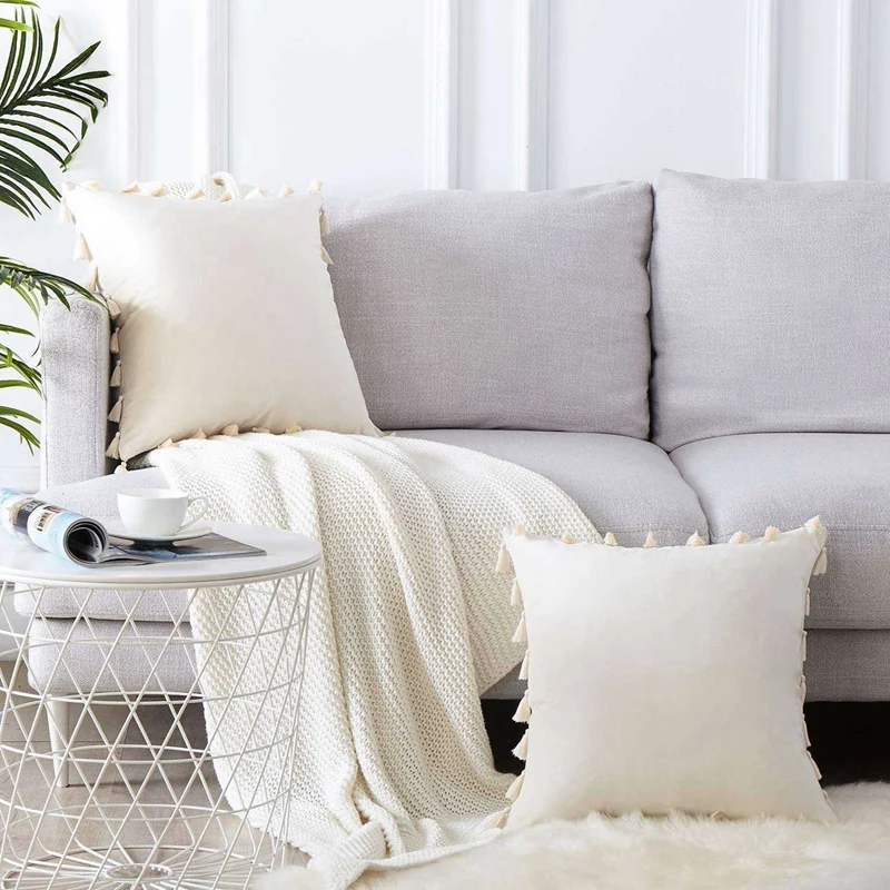 

Hot XD-2x Velvet Soft Solid Christmas Decorative Throw Pillow Cover Milky White & 1x Tufted Throw Pillow Cover Creamy White