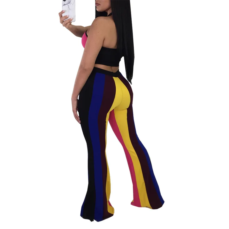 

BAMBOOBOY Women Sexy Halter Colorblock Contrast Color Vest Tnak Top Wide Leg Pants Fit and Slim Suit Two Piece Set ZL1008