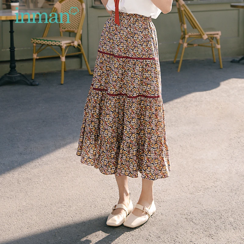 

INMAN Summer Midi Skirt Women Retro Vintage Literary Style Elastic High Waist Floral Stitching Flower Ribbon Lace Hem Bottom