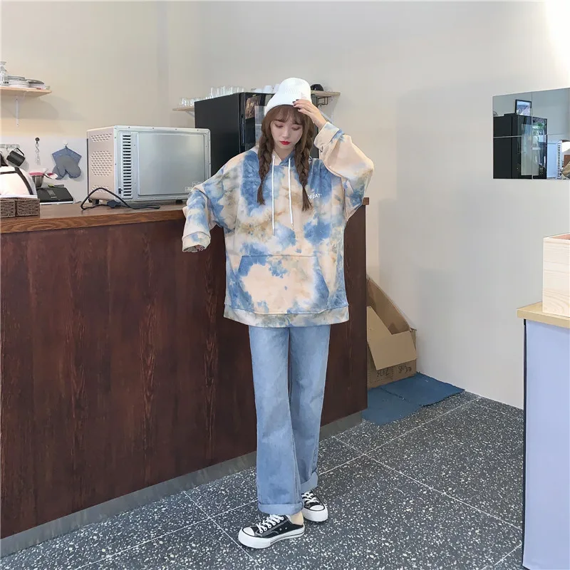 

Oversized Tie Dye Women Hoodies Plus Velvet Female Hooded Casual Sweatshirt Tops Harajuku Female Pullovers Korean Style Clothes