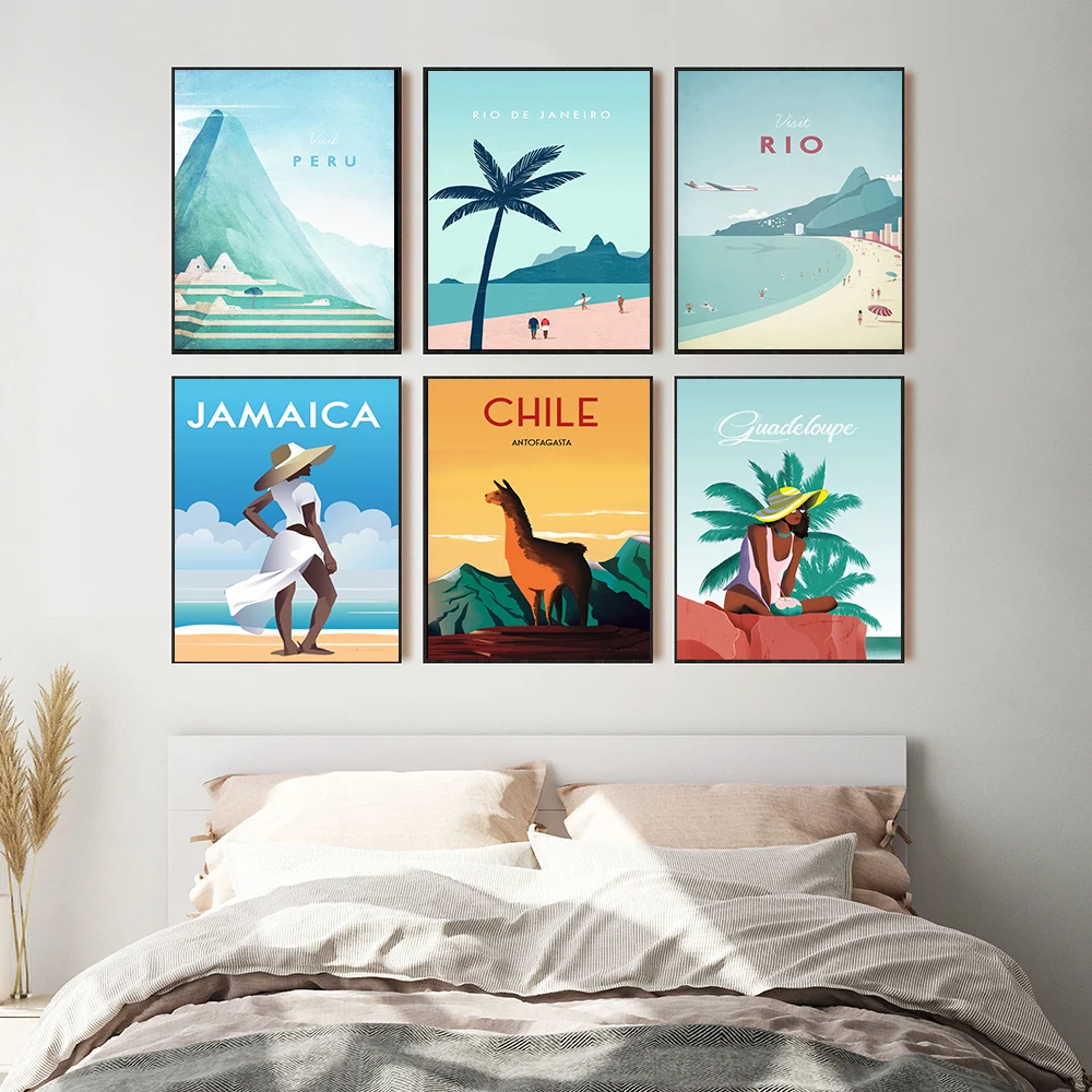 

Nordic Vintage Travel Cities Poster Chile Peru Rio Minimal Beach Landscape Art Canvas Painting Cityscape Wall Picture Home Decor