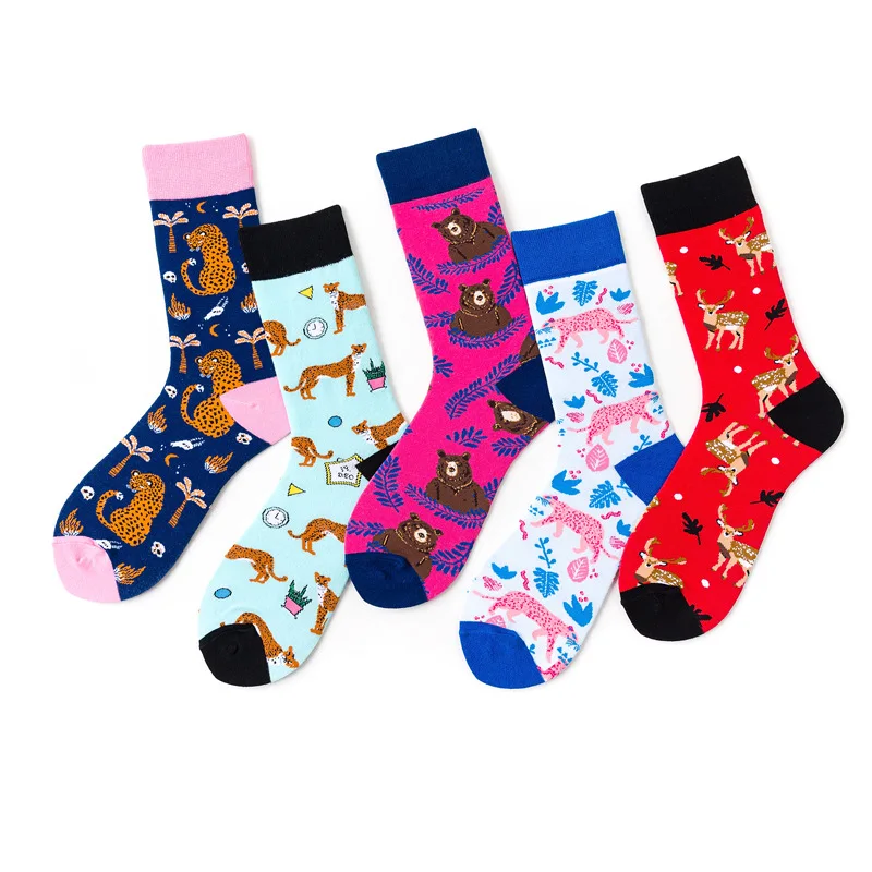 

5 Pairs Animal Ins Style Women Socks Cotton Personality Fashion Tube Ladies Socks Novelty with Leopard Bear 153