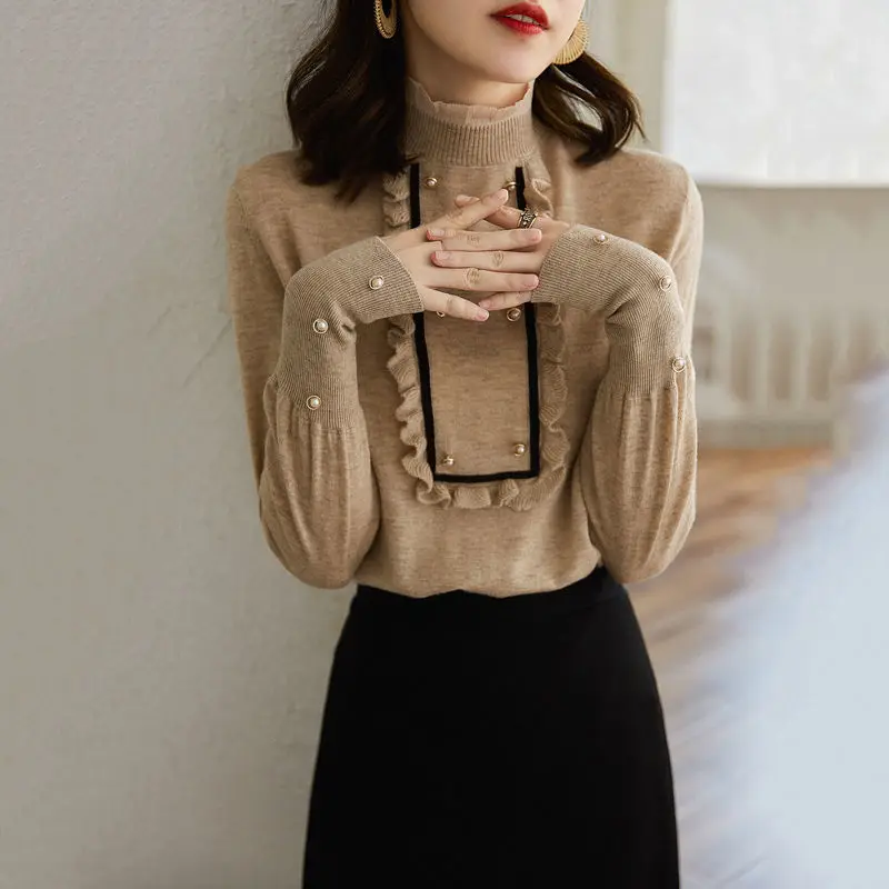 

Женский Однотонный свитер-водолазка с кружевом в английском стиле