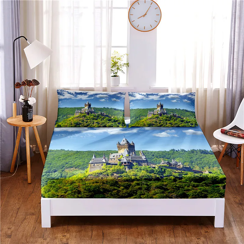 

Castle Vew Digital Printed 3pc Polyester Fitted Sheet Mattress Cover Four Corners with Elastic Band Bed Sheet Pillowcases