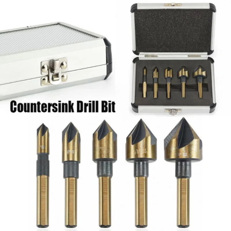 

5Pcs/Set Industrial Countersink Drill Bit Tri-Flat Shank Quick Change Kit Tool