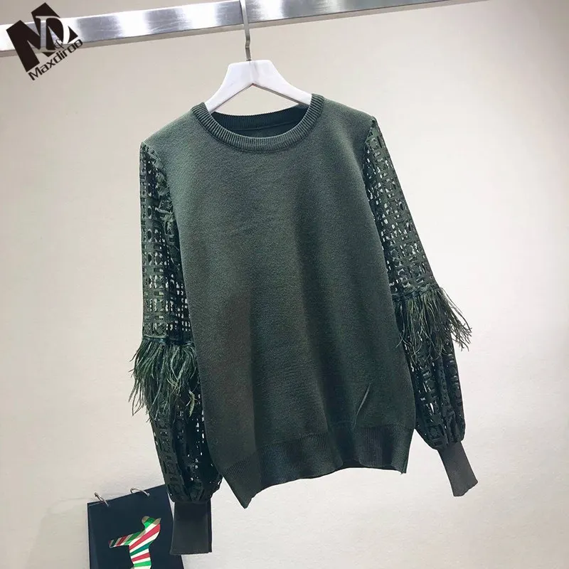 darkgreen LUOSHA для женщин Осень Зима Мода выдалбливают кружева рукав кисточкой лоскутное пуловер и свитер женский стильный джемпер Pull Femme - Цвет: darkgreen