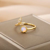 romantic fish tail opal open rings for women stainless steel cute opal crystal stone fish tail finger ring wedding boho jewelry