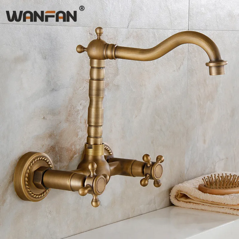 Античный из твердой латуни смесители для кухни настенный двойной кран с