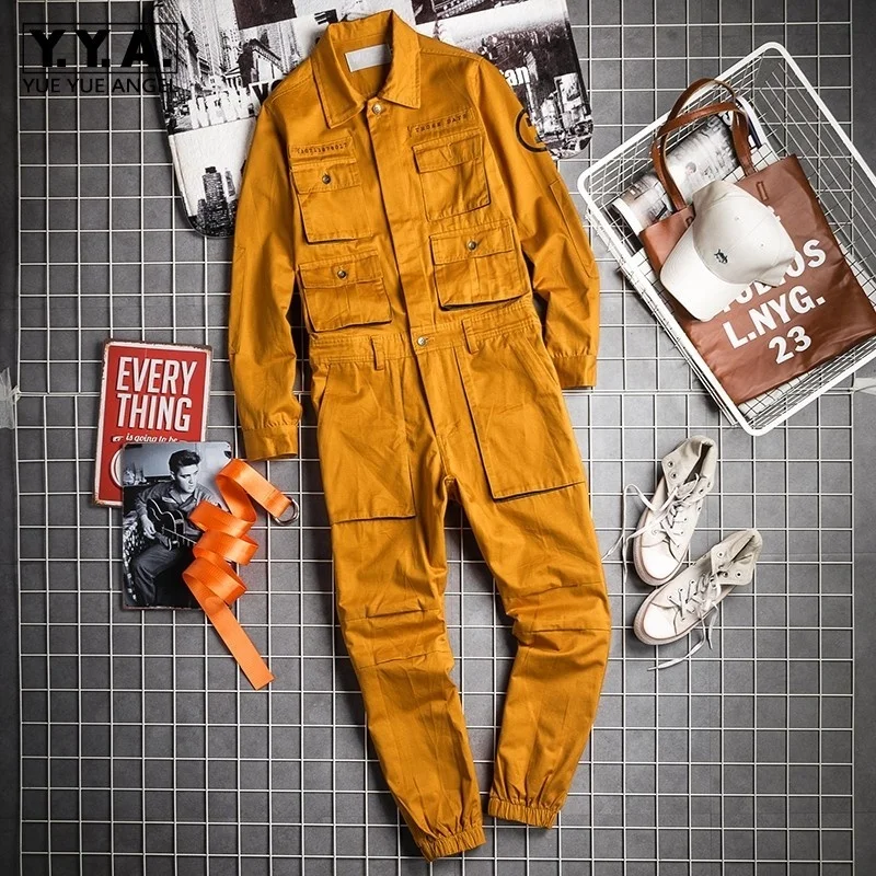 Hip Autumn Hop Mens Jumpsuits Long Sleeve One Piece Vintage Joggers Overalls Korean Casual Loose Rompers Full Length Pants
