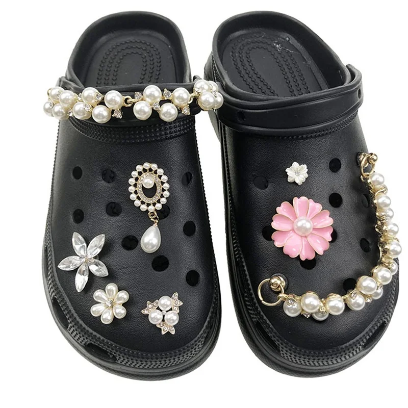 

2022 Designer Chain Shoe Charms Croc Accessories Metal Pearl Charm Decoration For Croc Clog Shoes Pendant Buckle For Girl Gift