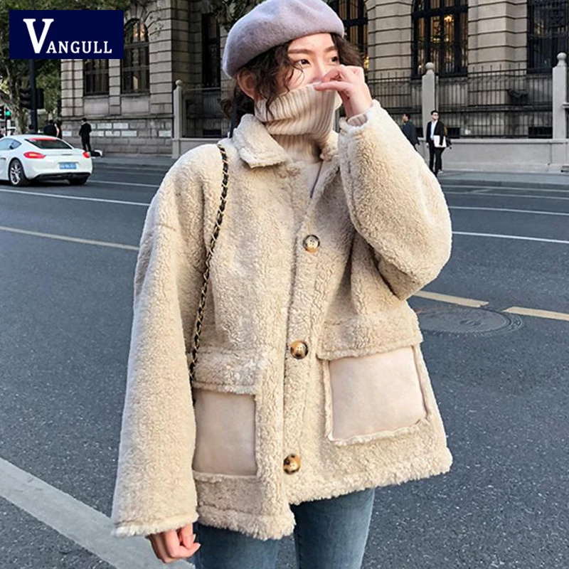Vangull женские куртки из овечьего меха зимние толстые теплые женские пальто из овечьего меха Осенняя Мода Новые Длинные рукава однотонная свободная элегантная верхняя одежда
