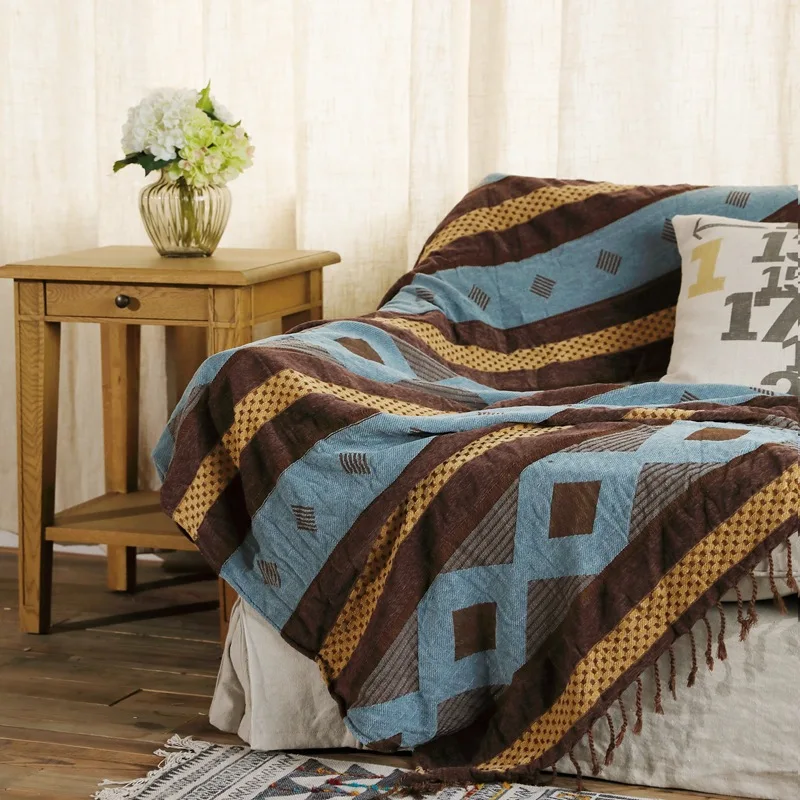 Harga Kain Retro Chenille Rumbai Selimut Sofa Penutup Kursi Dekorasi Selimut Hangat Kantor Rumah Mobil Pola Geometris Warna-warni
